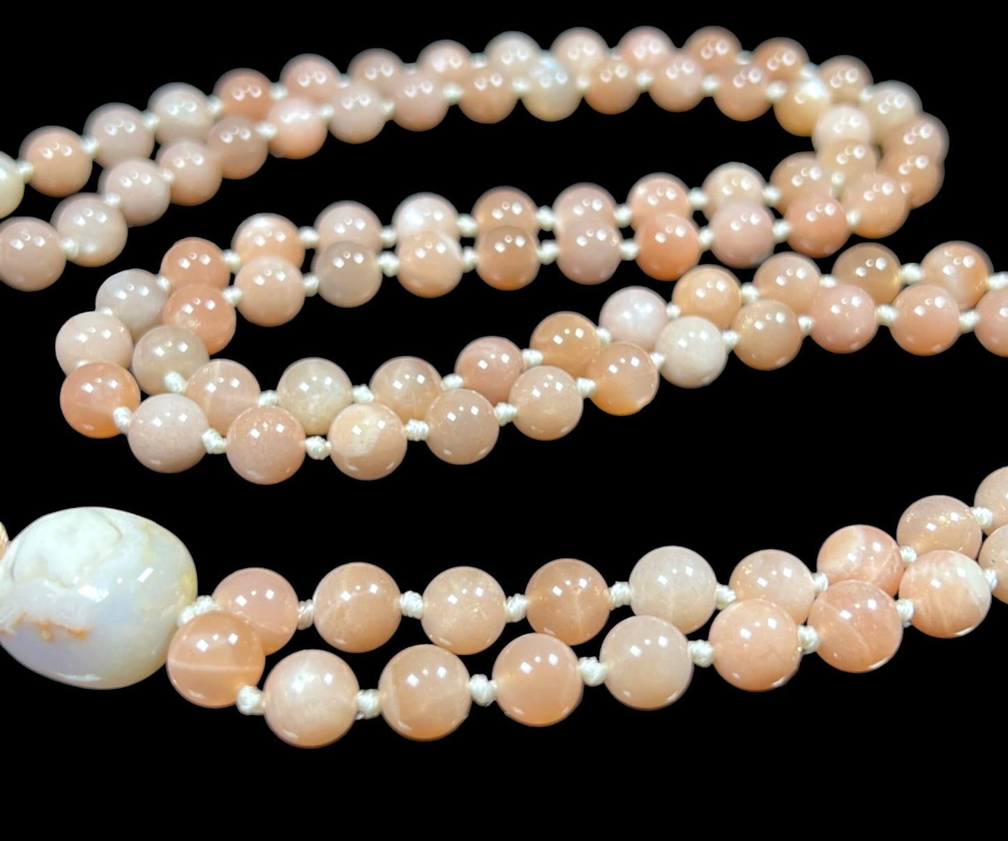 Peach Moonstone Mala Necklace w/Rose Quartz, 108 Beads, June Birthstone, Gemini Gemstone, Sacral Chakra - Nurture Your Soul
