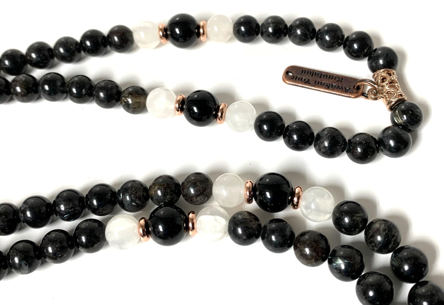 Stretchable Black Tourmaline & Selenite Mala Beads Necklace | 8mm 108 Beads | Root & Crown Chakras | Birthstone Energy | Ethically Sourced