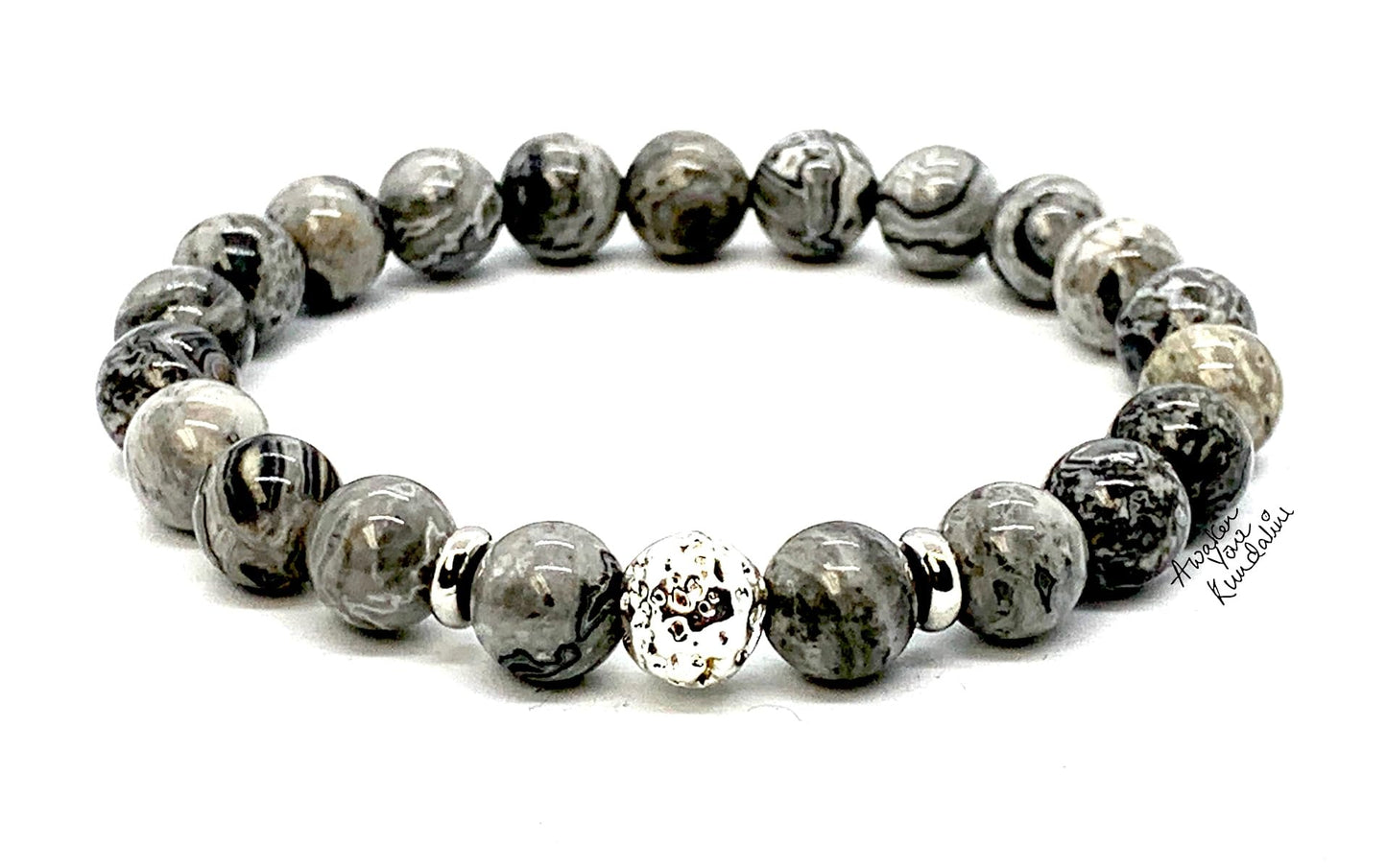 Scenic Jasper and Lava Stretch Bracelet with Choice of Black or Silver Finish Lava Bead – Leo Birthstone and Root Chakra