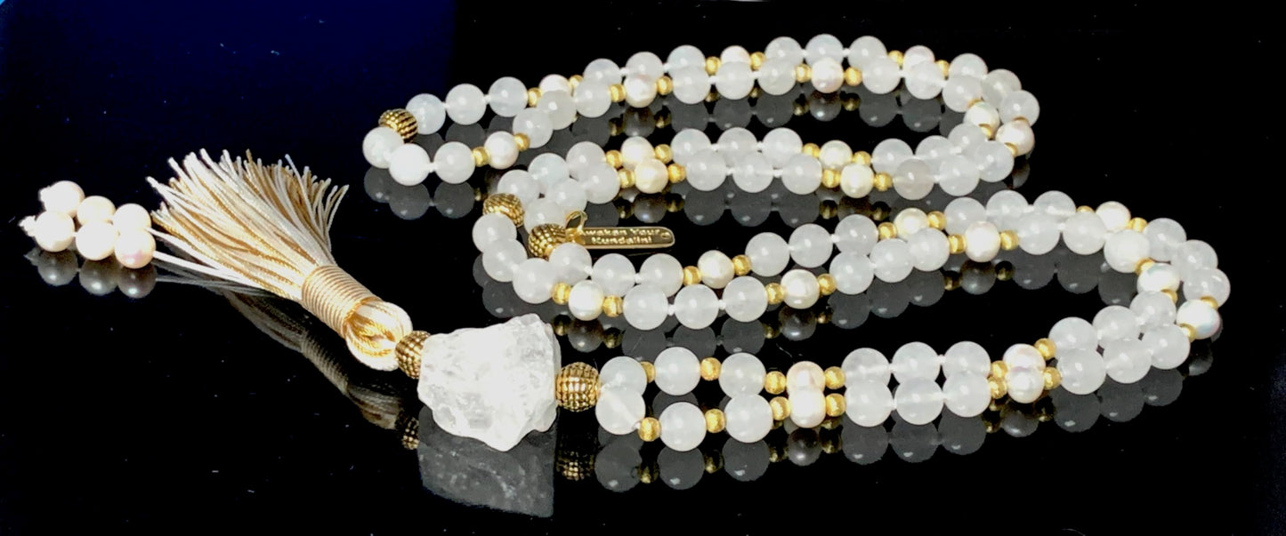 Hand-Knotted Selenite Pearl Mala Necklace with Hematite Guru Bead, 8mm, 108 Beads – Cancer Birthstone for June July - Third Eye Chakra Necklace