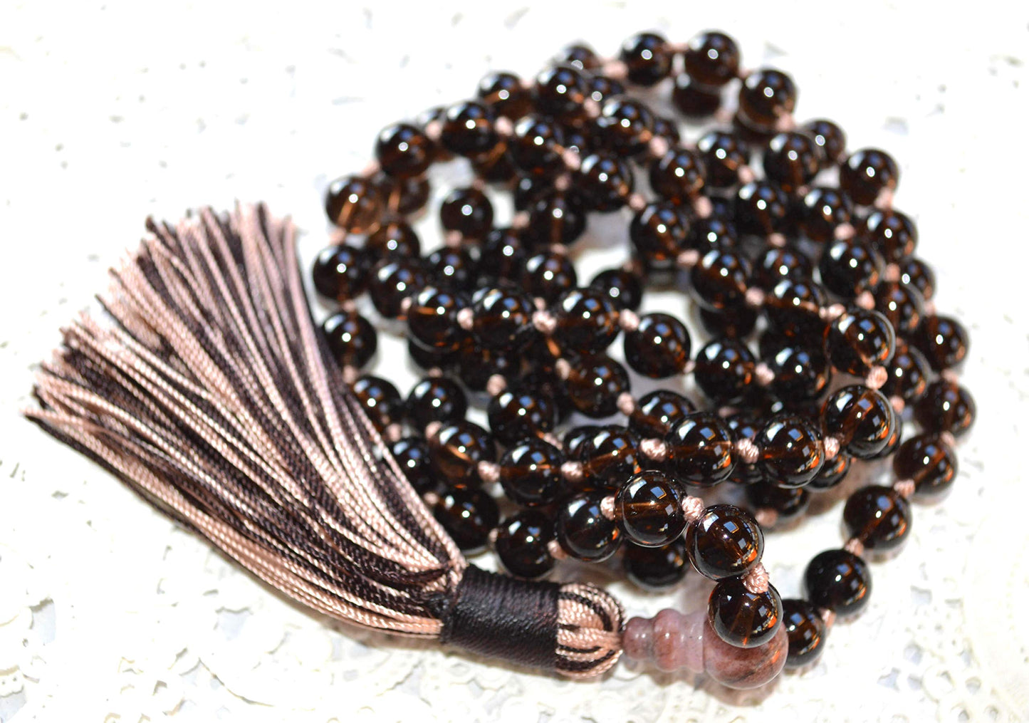 Hand Knotted 8mm Smoky Quartz Mala Necklace with 10mm Rhodonite Guru Bead - Capricorn Birthstone, Root Chakra Alignment - Find Your Inner Peace