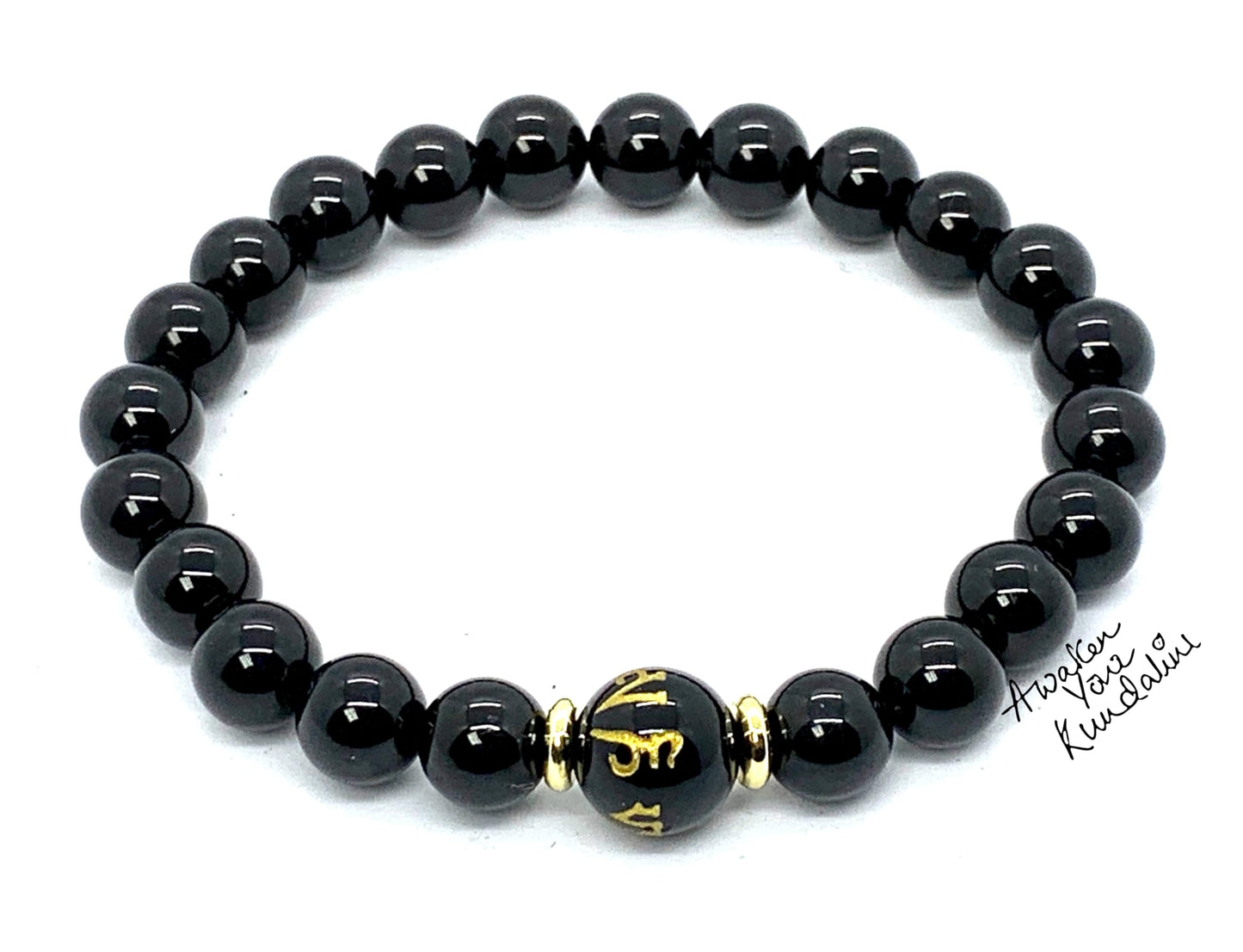 Black Obsidian Buddhist Prayer Beads Stretch Bracelet - Om Mani Padme Hum Mantra - Scorpio Zodiac Birthstone for October November - Root Chakra Association