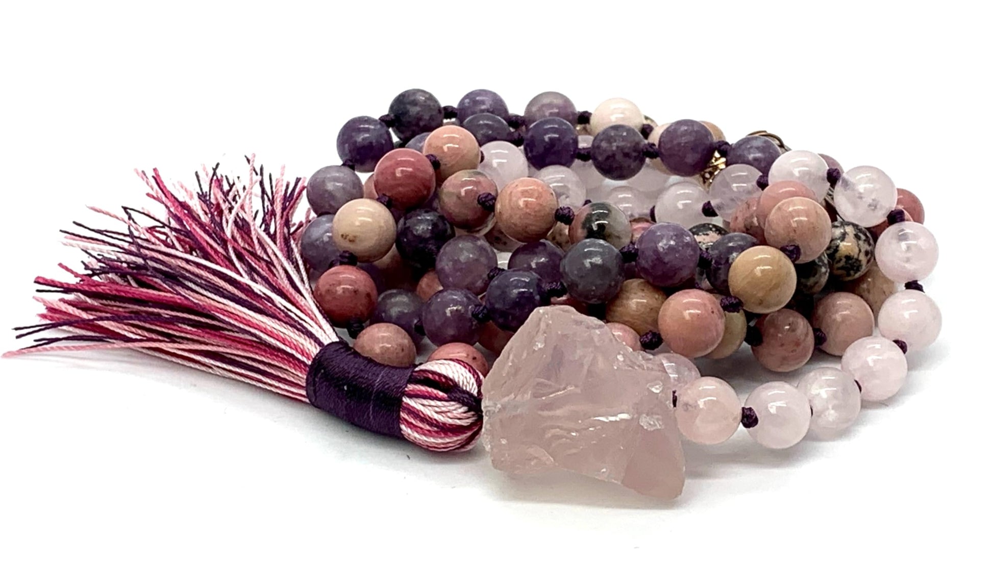 Heart Chakra Harmony Mala Meditation Jewelry Charoite Amethyst Rhodonite Rose Quartz Pink Opal 108 Beads Spiritual Transformation Emotional Healing Hand-Knotted VESTA Collection AYK