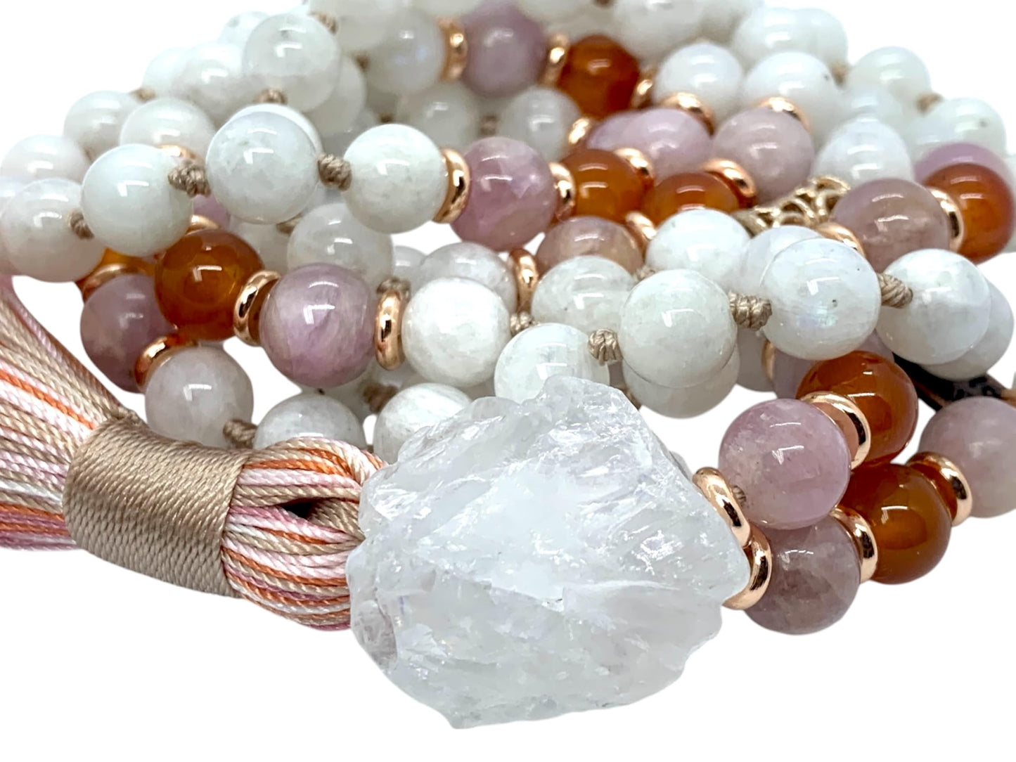 Lunessa Mala Necklace – Hand Knotted Moonstone, Kunzite & Carnelian with Raw Quartz Guru | 8mm 108 Beads | Crown-to-Sacral Chakra Alignment | June & July Birthstones | Ethically Sourced