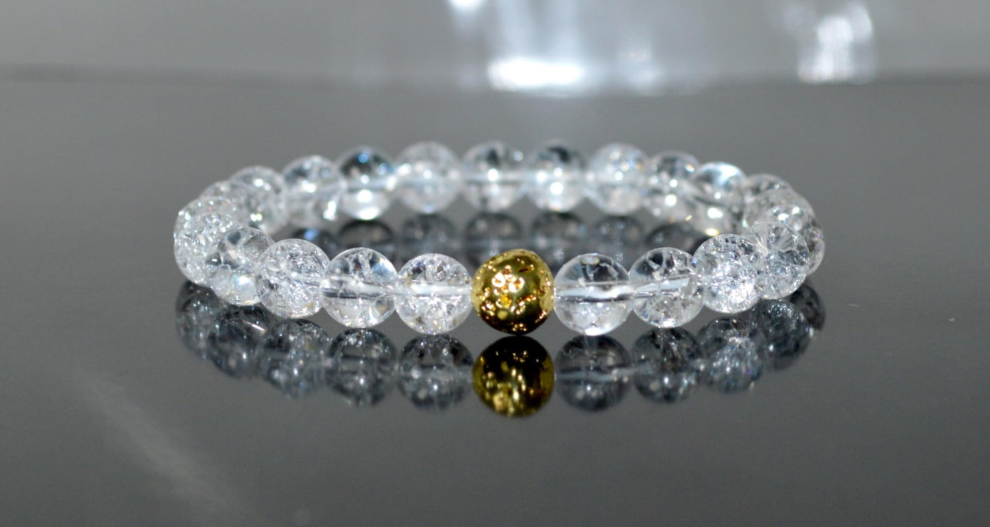 Himalayan Ice Crystal Quartz and Lava Beads Stretch Bracelet – Multi Tone Finish – Aries Birthstone – Universal Sun Sign - Crown Chakra Energy Bracelet