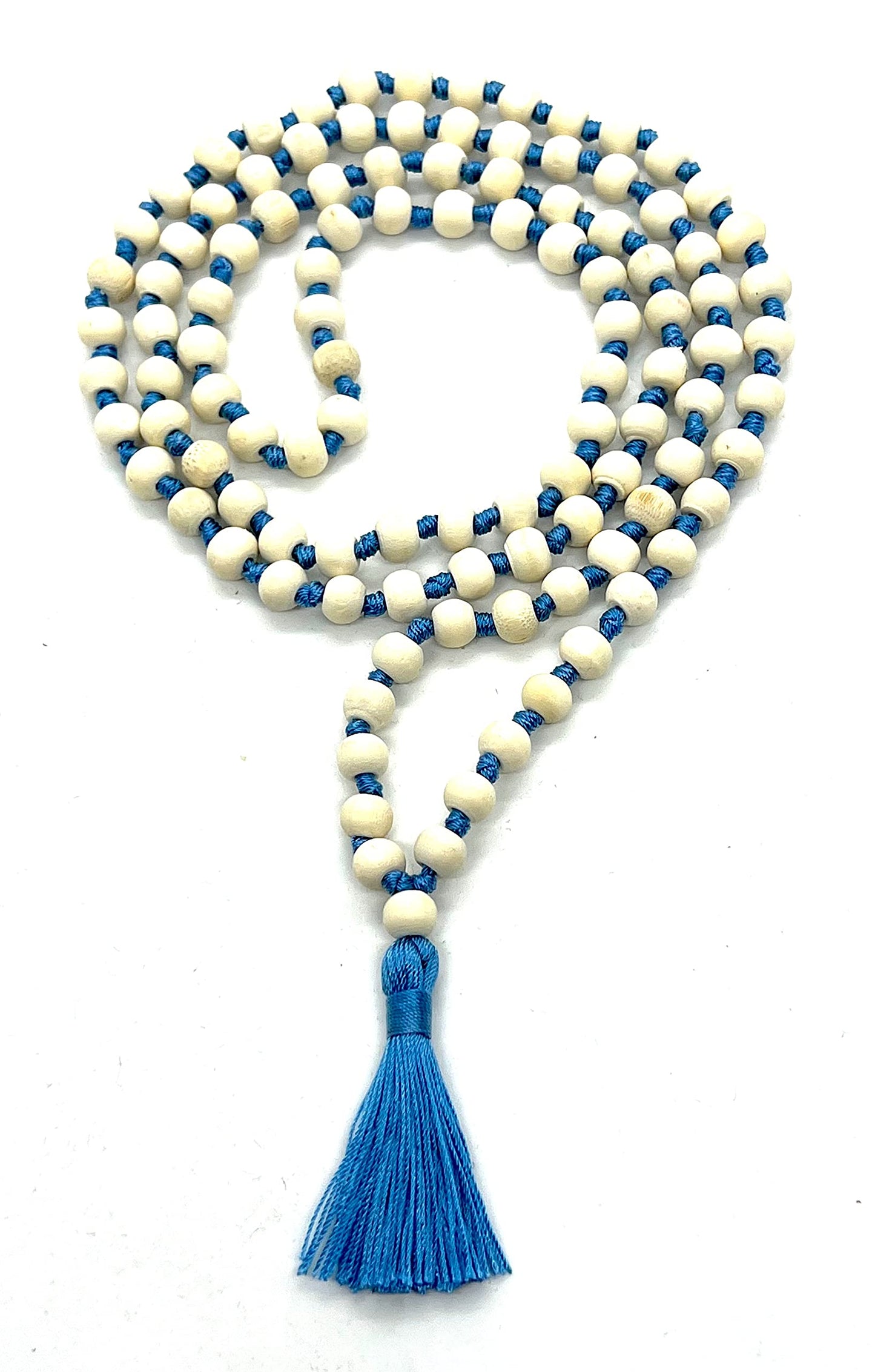AWAKEN YOUR KUNDALINI Hand Knotted 8mm Tulsi Mala Beads Necklace with Sky Blue String and Tassel - Gemini Sun Sign, Heart Chakra Alignment