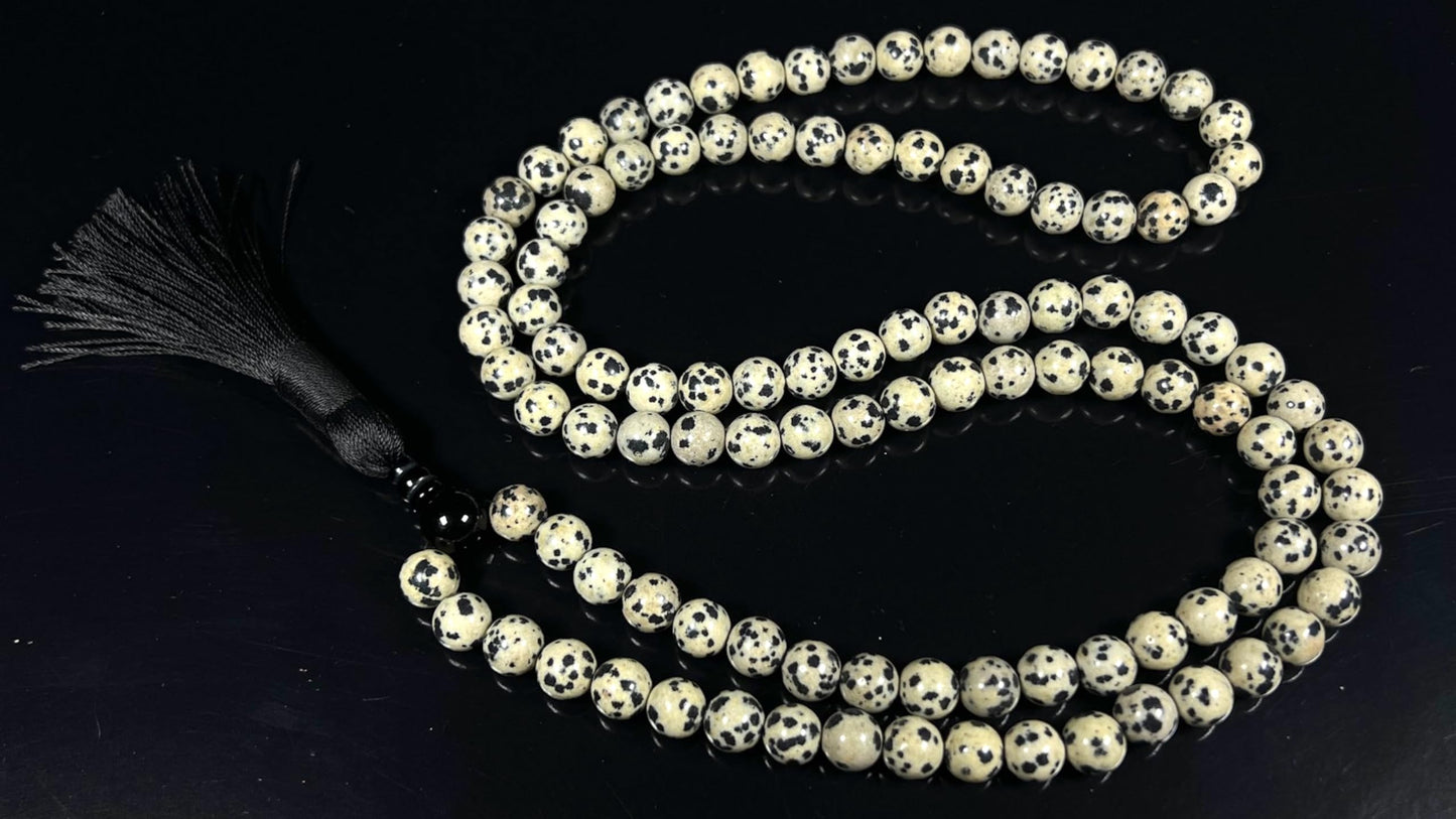Handmade Dalmatian Jasper Mala Beads Necklace | 8mm 108 Beads | Spiritual Energy Beads | Birthstone & Root Chakra Connection