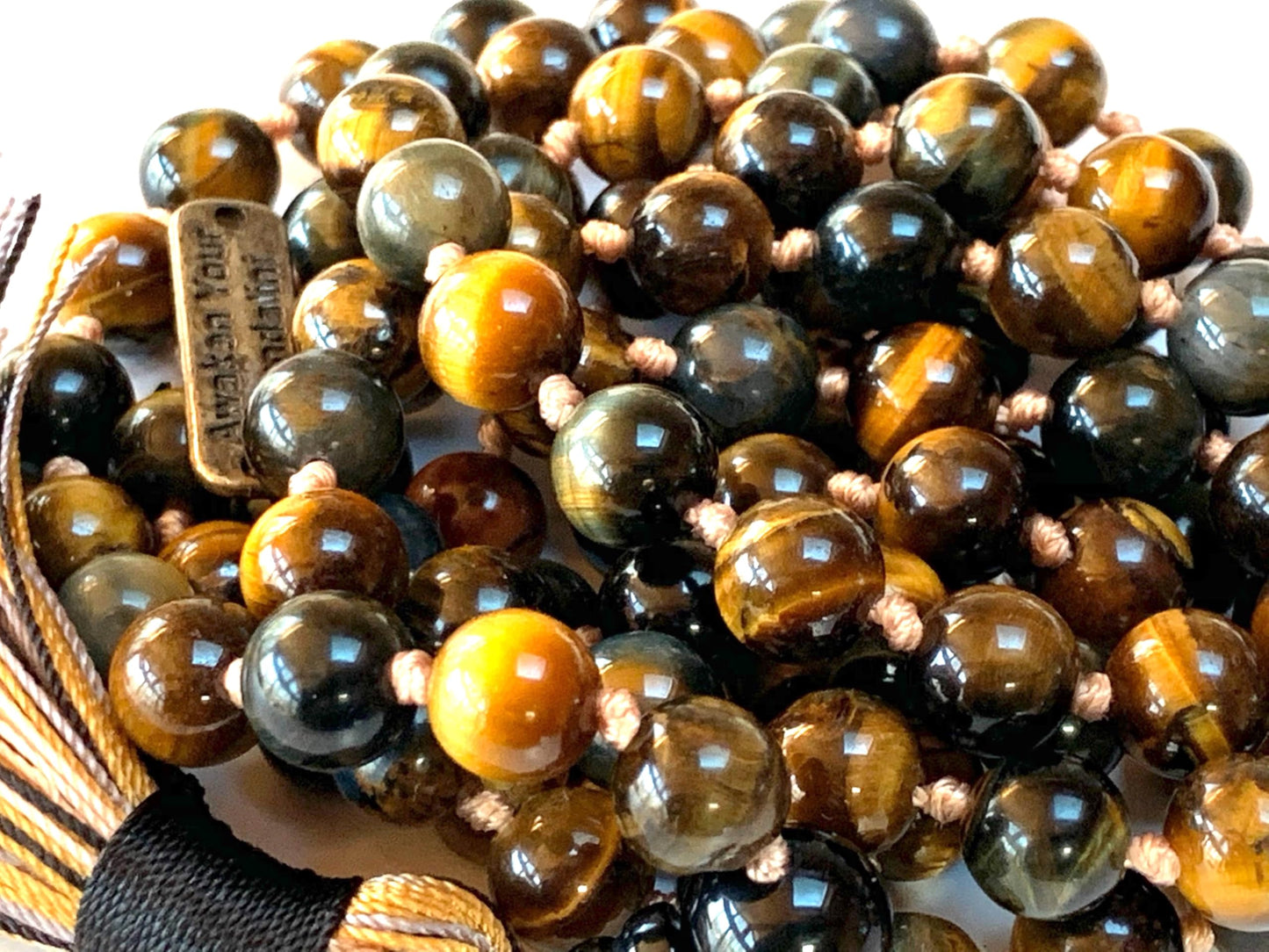 Embrace the Power of Nature with Triple Tiger's Eye Mala Beads Necklace - Gemini & Capricorn Birthstone, Root & Solar Plexus Chakra