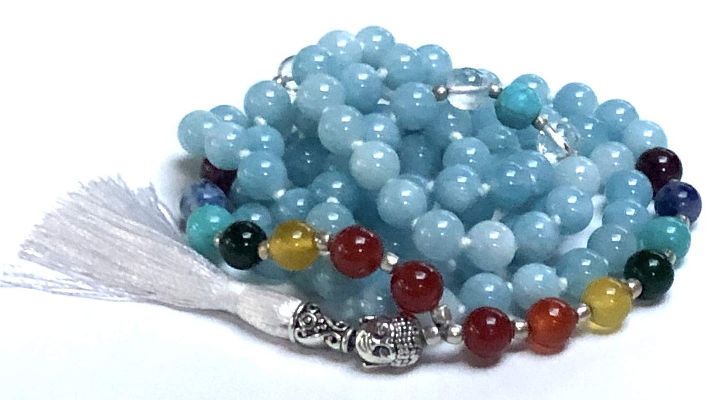 Energized 7 Chakra mala Hand Knotted 108 mala beads necklaces - Japa mala - Buddhist prayer beads - Meditation beads - Healing crystals for men women (Sky Blue Jade 5th chakra Throat chakra mala)