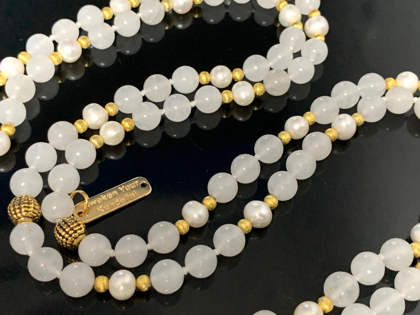 Hand-Knotted Selenite Pearl Mala Necklace with Hematite Guru Bead, 8mm, 108 Beads – Cancer Birthstone for June July - Third Eye Chakra Necklace