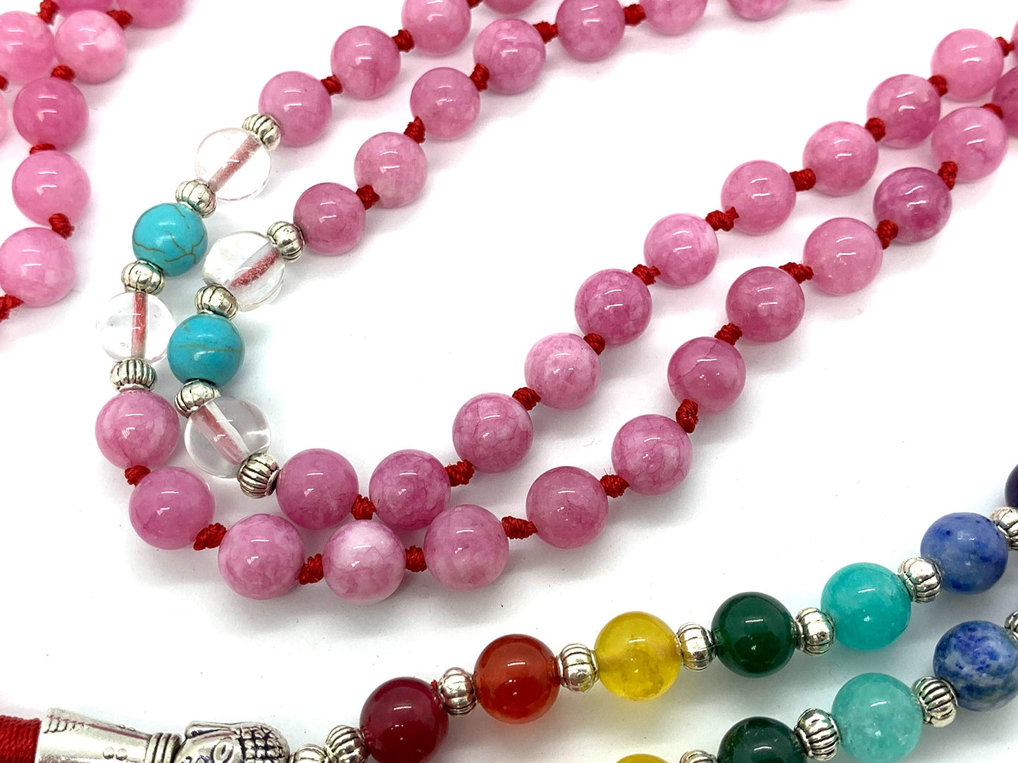 Awaken Your Kundalini Energized 7 Chakra mala Hand Knotted 108 mala beads necklaces - Japa mala - Buddhist prayer beads - Meditation beads - Healing crystals for men women (Pink Jade chakra mala)