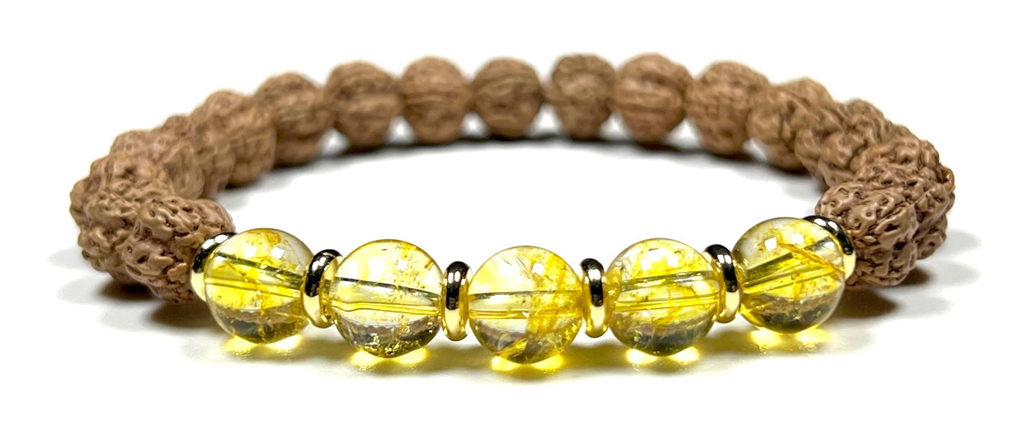 5 Mukhi (5 Faces) Chikna Rudraksha and Citrine Stretch Bracelet - November Birthstone for Sagittarius and Scorpio - Solar Plexus Chakra