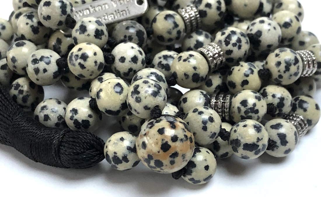 Dalmatian Jasper Mala Necklace: Virgo Birthstone - Balance & Harmony - Root & Crown Chakra (8mm Beads, 44 Inch Length)