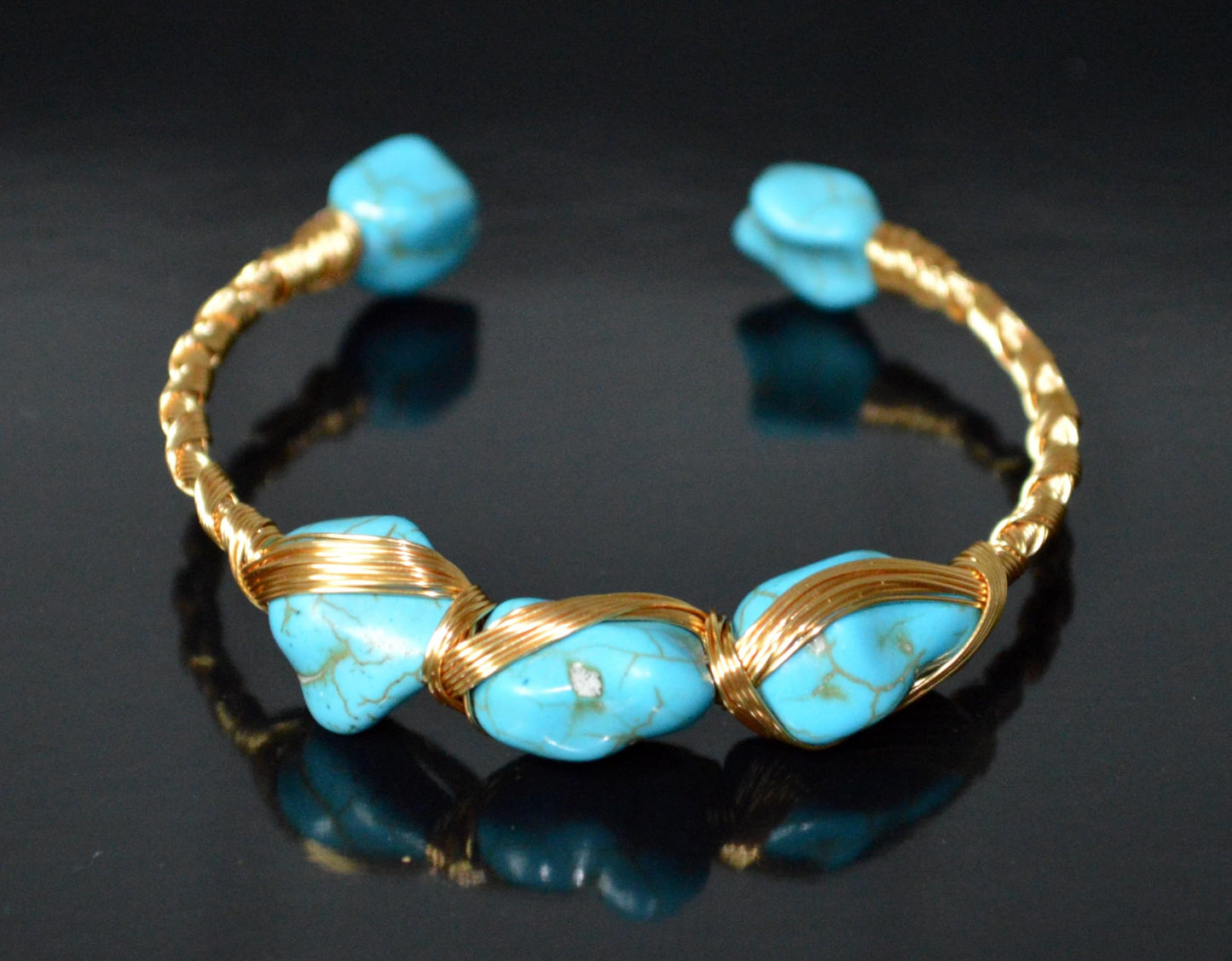 Natural Turquoise Bangle – December Birthstone Bracelet – Handmade Wire Wrapped Adjustable Bangle with 18k Gold Plating – Throat Chakra – Ethically Sourced Gemstone Jewelry Gift for Women & Moms