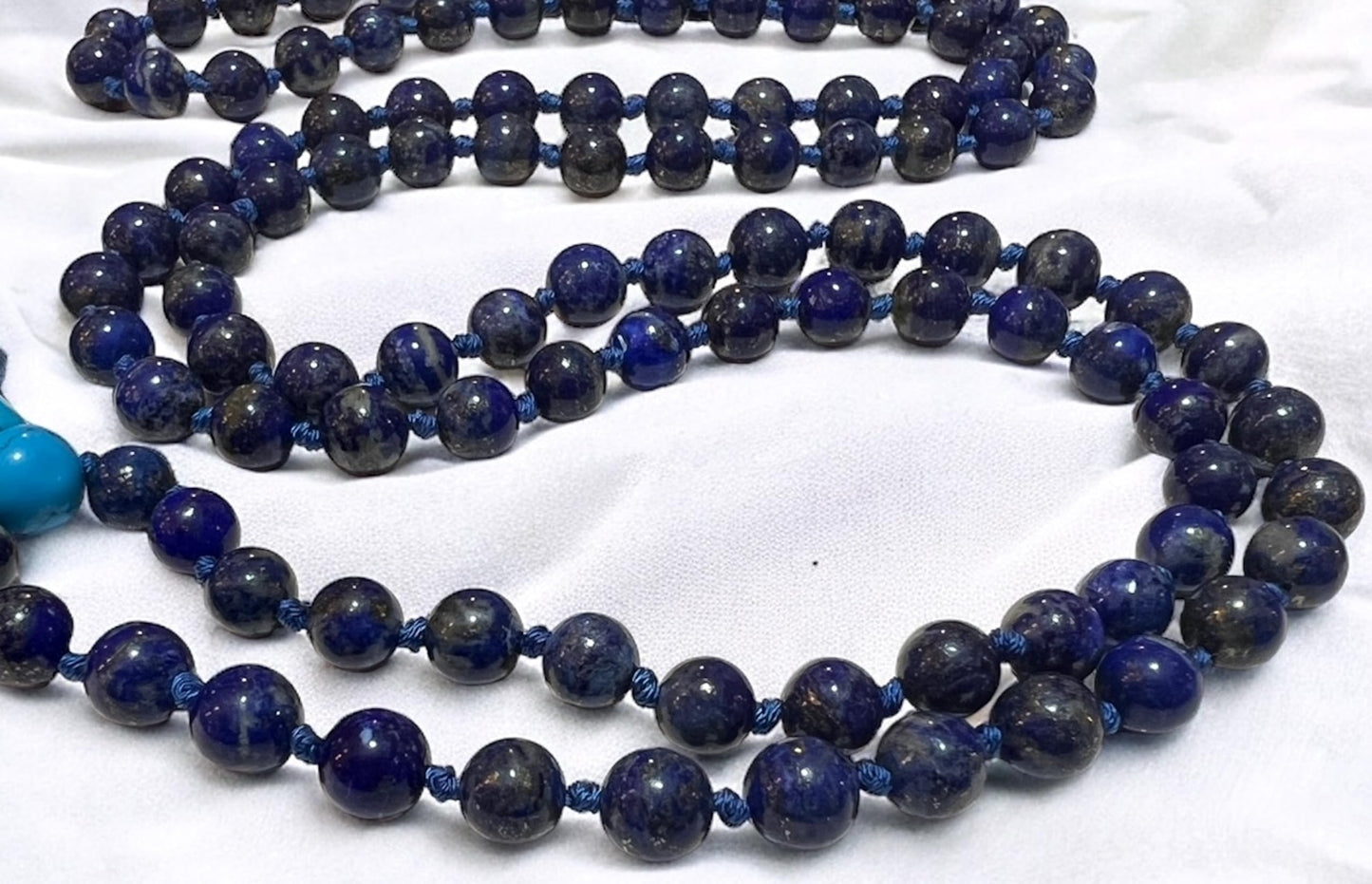 Hand Knotted 10mm Lapis Lazuli Mala Beads Necklace | Third Eye & Throat Chakra Healing | Intuition & Communication Boost - Natural Undyed