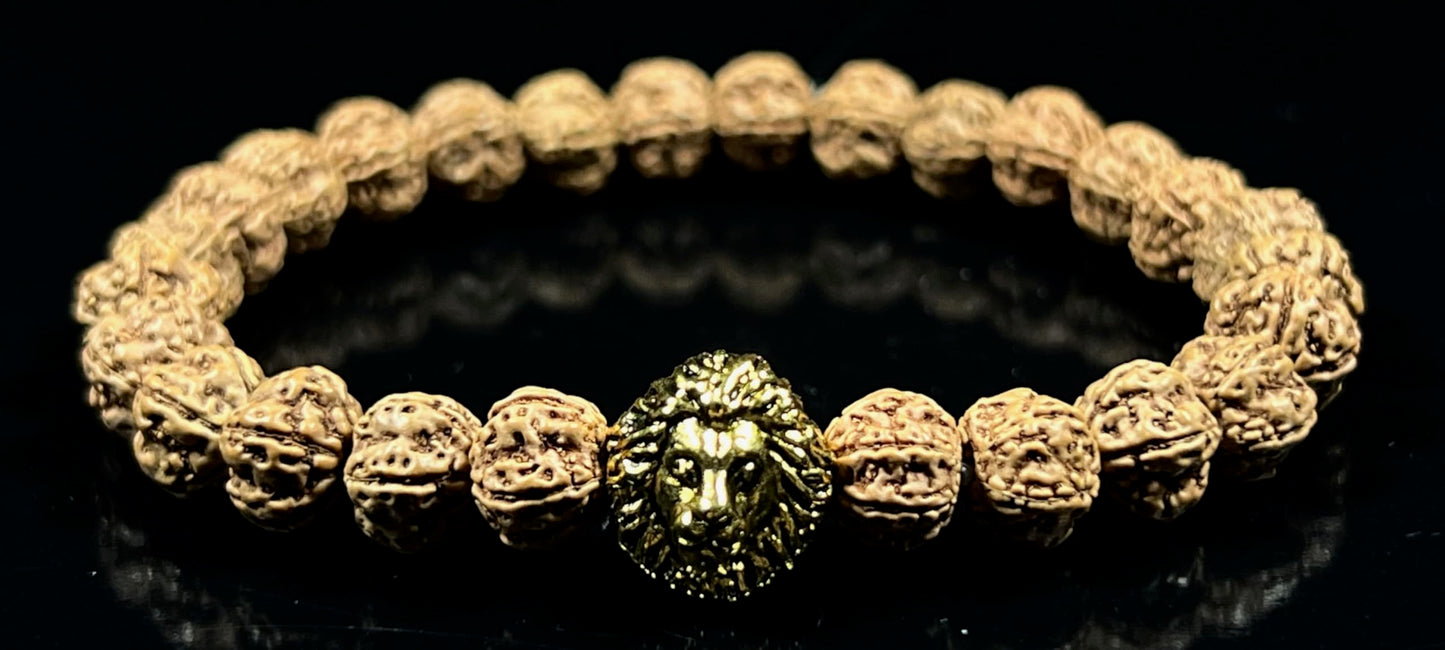 Unleash Inner Strength & Grounding: Handmade 5 Mukhi Rudraksha & Golden Polished Lion Head Bracelet (8mm) - Root Chakra & Universal Sun Sign