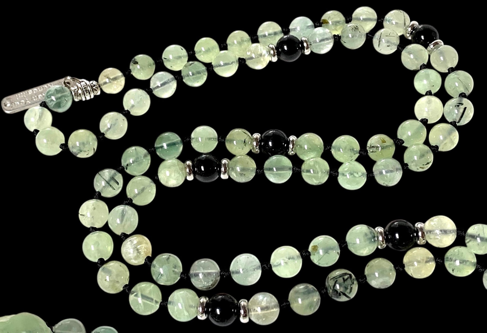 Prehnite Mala Necklace 108 beads 8mm natural green gemstones arranged in circular pattern, Heart Chakra Solar Plexus Chakra healing jewelry, ORACLE Collection handmade USA, ethically sourced prehnite stones, meditation prayer beads, spiritual transformation necklace, AYK quality
