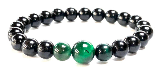 Black Tourmaline Green Tigers Eye Stretch Bracelet 8mm Beads 10mm Centerpiece Hand-Knotted Handmade USA VESTA Collection Root Chakra Heart Chakra Protection Abundance Manifestation EMF Shield Grounding Prosperity Financial Success Centerpiece Design Natural Stone AYK