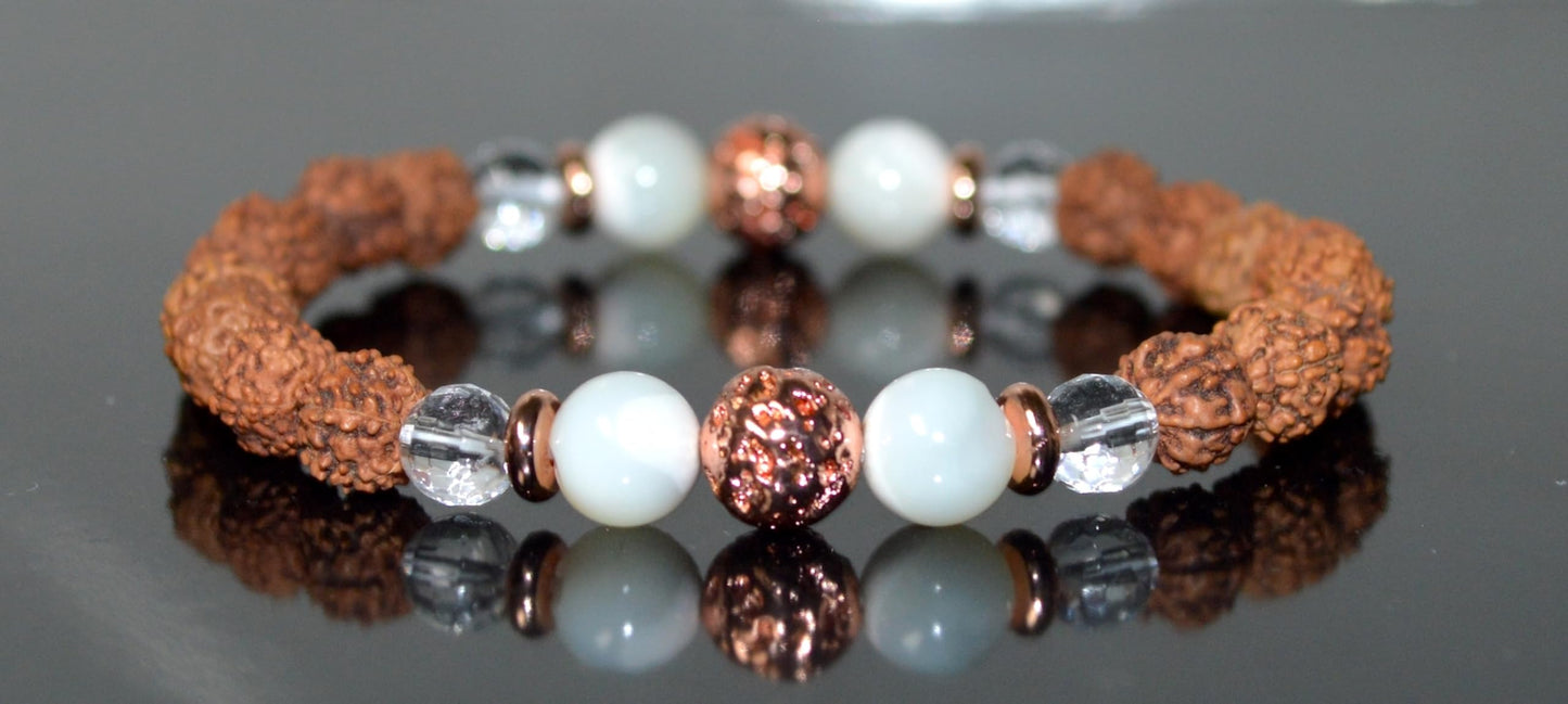 5 Mukhi Chikna Rudraksha, Crystal Quartz, Mother of Pearl and Lava Stretch Bracelet - April Birthstone for Aries, Taurus - Root & Crown Chakra Alignment