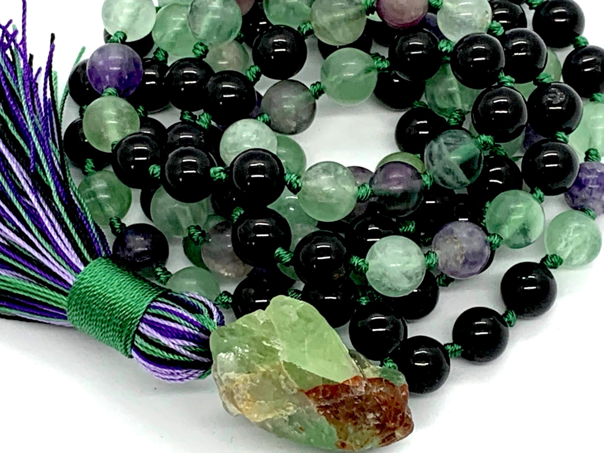 Guardian Trinity Mala Necklace Styled Display Fluorite Tourmaline Amethyst VESTA Collection Multi Chakra Healing Hand-Knotted Spiritual Protection Meditation AYK