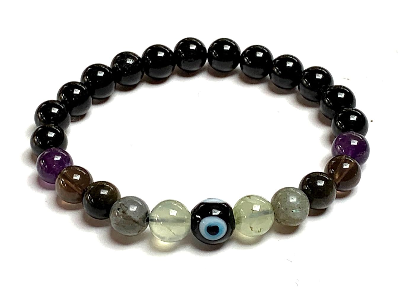 Protection Bracelet - February & October Birthstone Jewelry - Root & Third Eye Chakra - Evil Eye, Black Tourmaline, Prehnite, Labradorite Stretch Bracelet