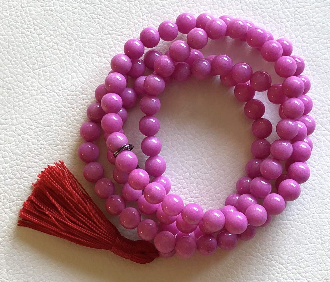 Crystal Mala Beads Necklace Reiki Healing Gem Stones Blessed & Energized Handmade 108 Buddhist Prayer Beads Buddha Beaded Necklaces Yoga Meditation Jewelry - w/ Velvet Pouch ( Magenta Jade, 8 mm )
