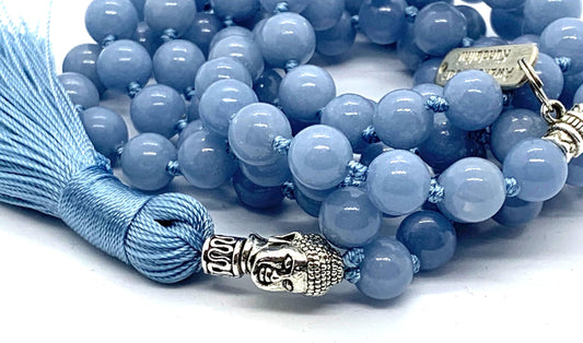 Angelite Beaded Necklace - Hand-Knotted Natural & Ethically Sourced – 8mm 108 Mala Beads – Throat & Crown Chakras – All Zodiac Birthstones – Spiritual Jewelry