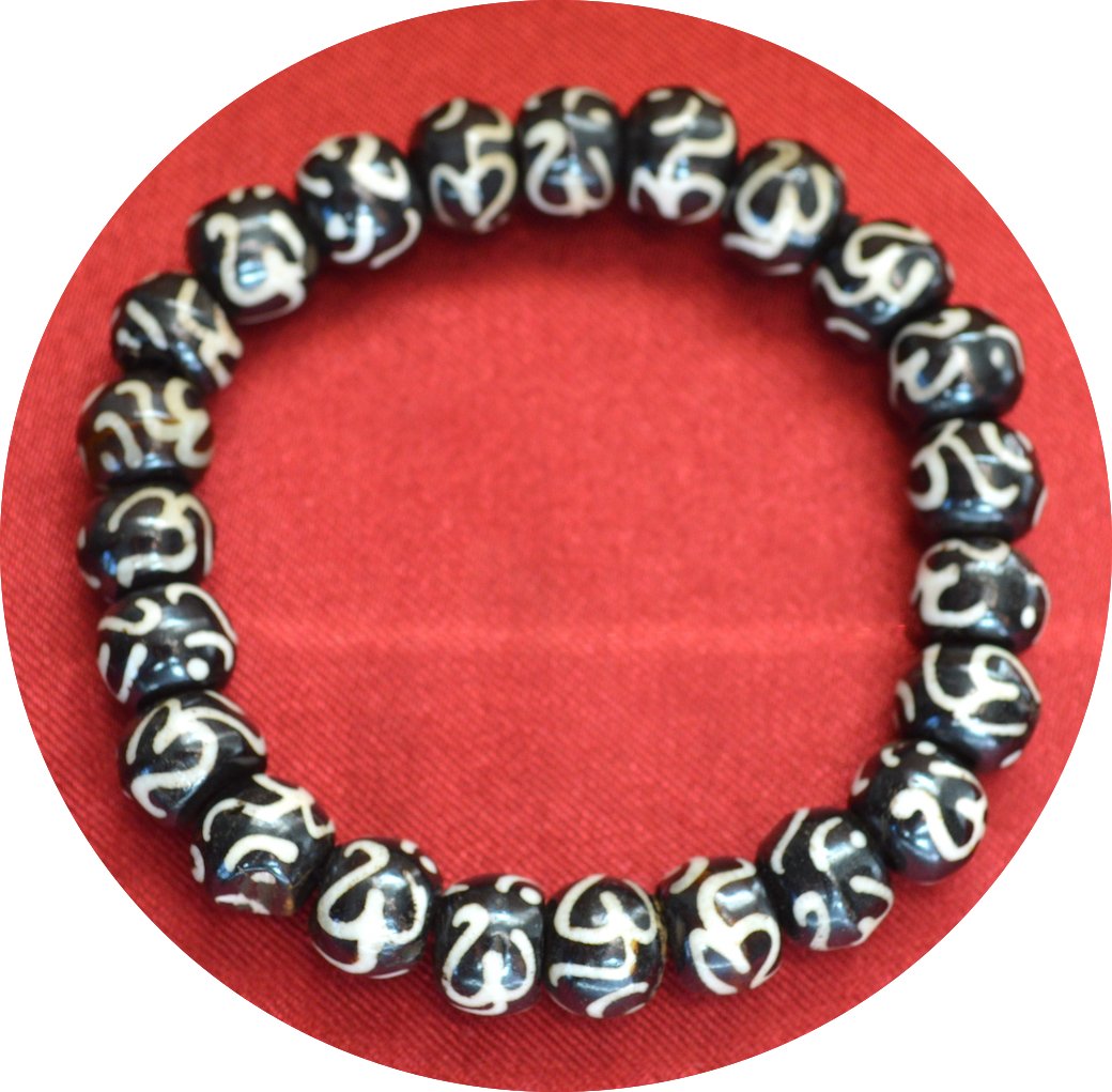 AWAKEN YOUR KUNDALINI Yak Bone Stretch Bracelet, 10mm Beads w/Om, Sagittarius Sun Sign, Crown Chakra