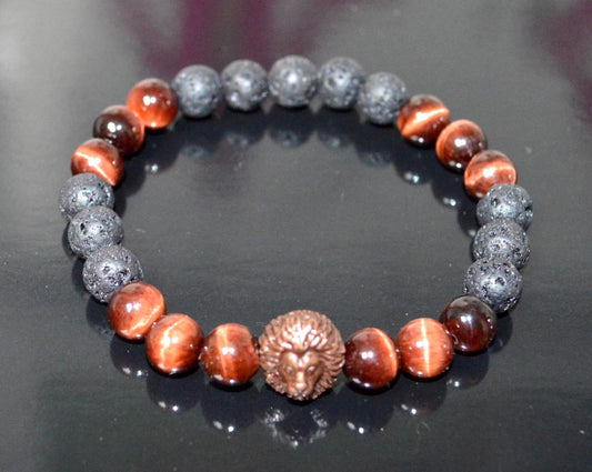 Red Tiger's Eye and Lava Rock Beads Stretch Bracelet with Bronze Finish Lion Head – Root Chakra, Universal Birthstone