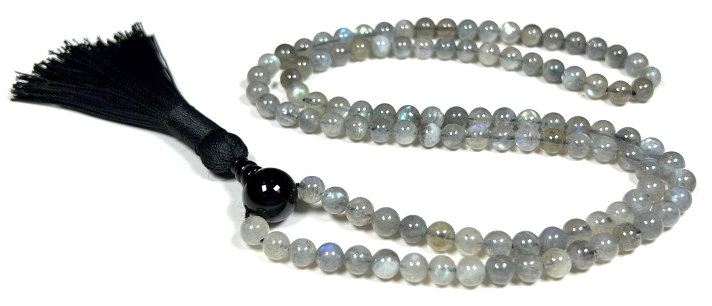Labradorite Mala Beads Necklace | Fifth Chakra | Throat Chakra | Communication | Self Expression | Creativity in Writing | Public Speaking | Scorpio Birthstone, Zodiac Sign