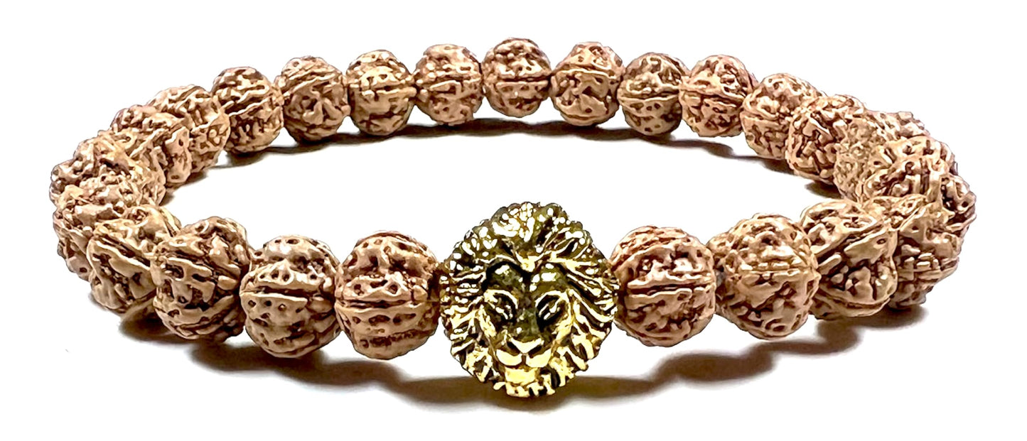Unleash Inner Strength & Grounding: Handmade 5 Mukhi Rudraksha & Golden Polished Lion Head Bracelet (8mm) - Root Chakra & Universal Sun Sign