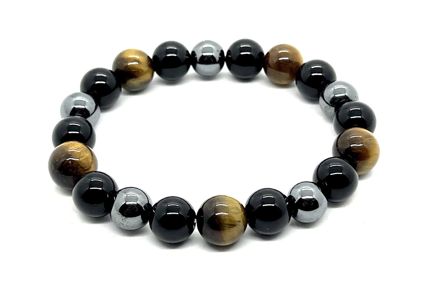 Triple Protection Bracelet - Tiger's Eye Black Tourmaline and Pyrite 10mm Beaded Stretch Bracelet - 7.5 Inches Wrist Size