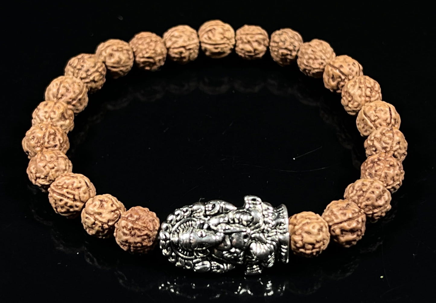 5 Mukhi Rudraksha Beads Stretchable Bracelet - 8mm Real Chikna Rudraksh Beads - w/God Ganesha Ganesh Ganpati Accent - Natural & Ethically Sourced