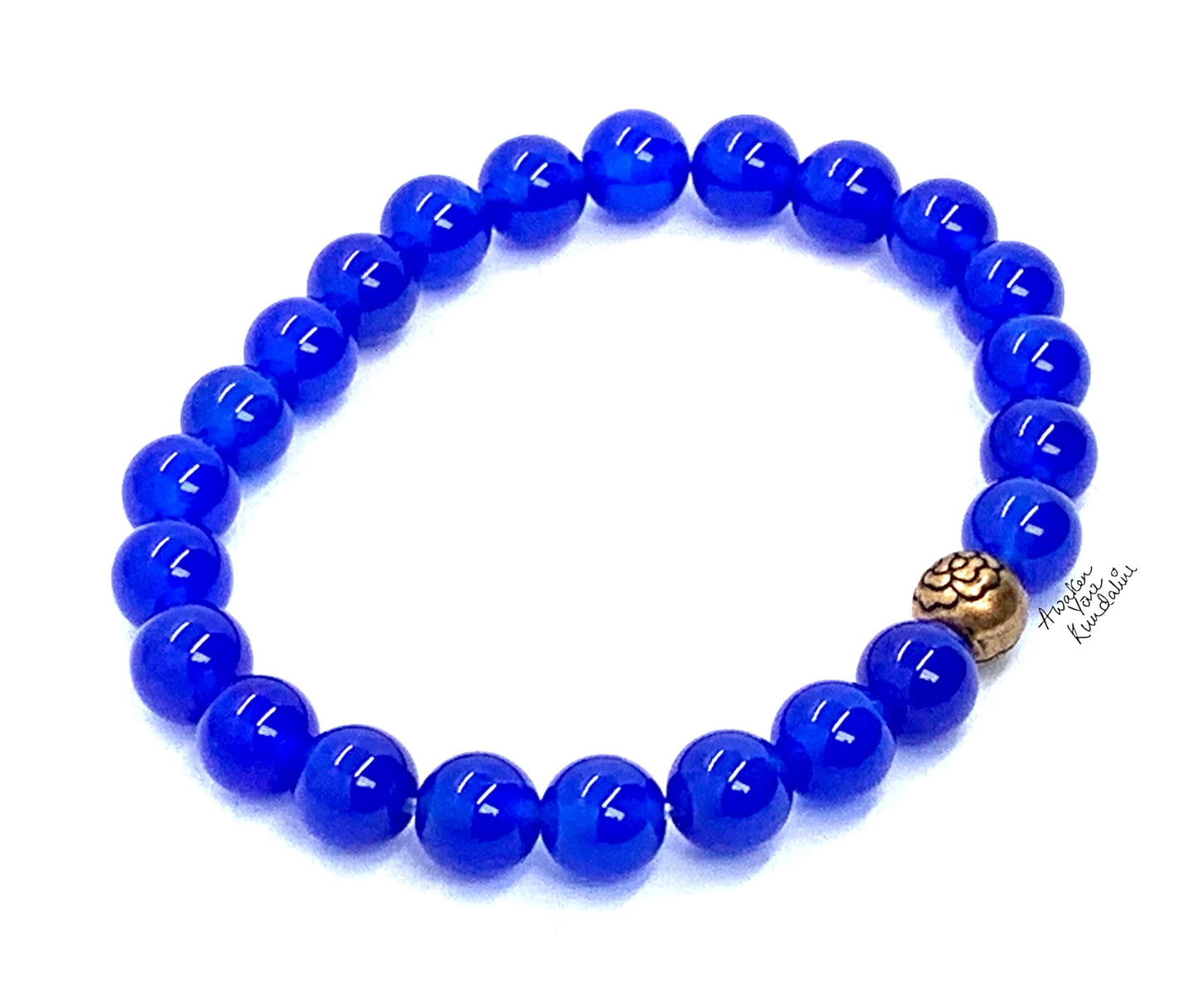 8mm Blue Jade Stretch Bracelet with Center Copper Bead - March Birthstone For Pisces - Throat Chakra Balancing Alignment & Activation