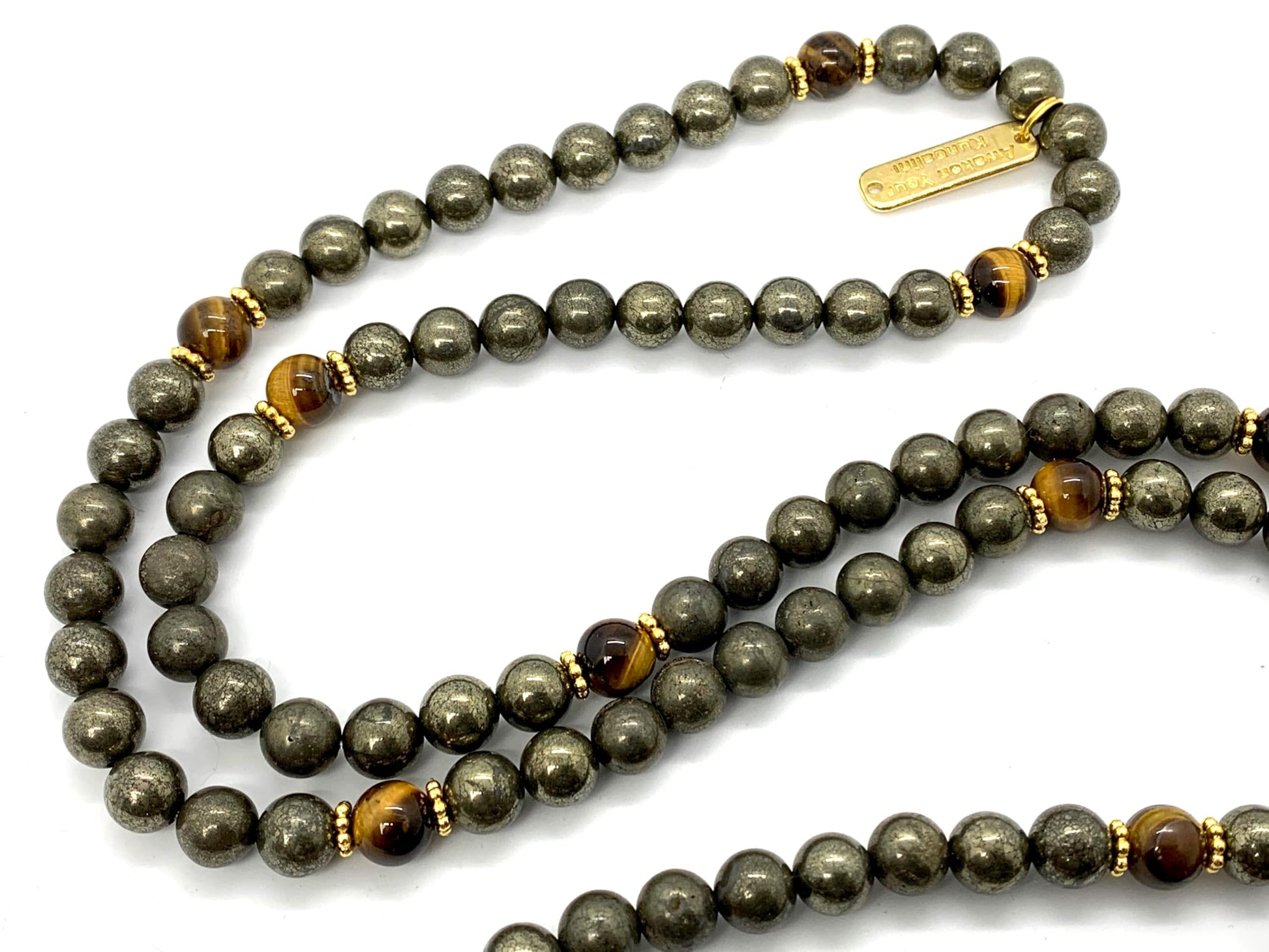 Carnelian Tiger's Eye Pyrite Mala Beads Individual Stones 8mm Natural Stone HIRANYA Collection Solar Plexus Sacral Chakra Hand-Knotted Protection Abundance Healing Meditation Handmade USA AYK