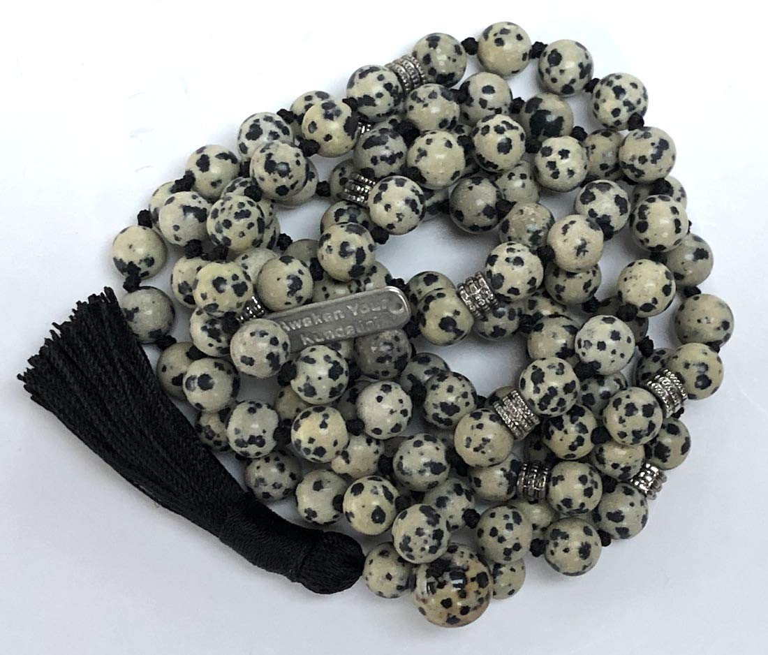 Dalmatian Jasper Mala Necklace: Virgo Birthstone - Balance & Harmony - Root & Crown Chakra (8mm Beads, 44 Inch Length)
