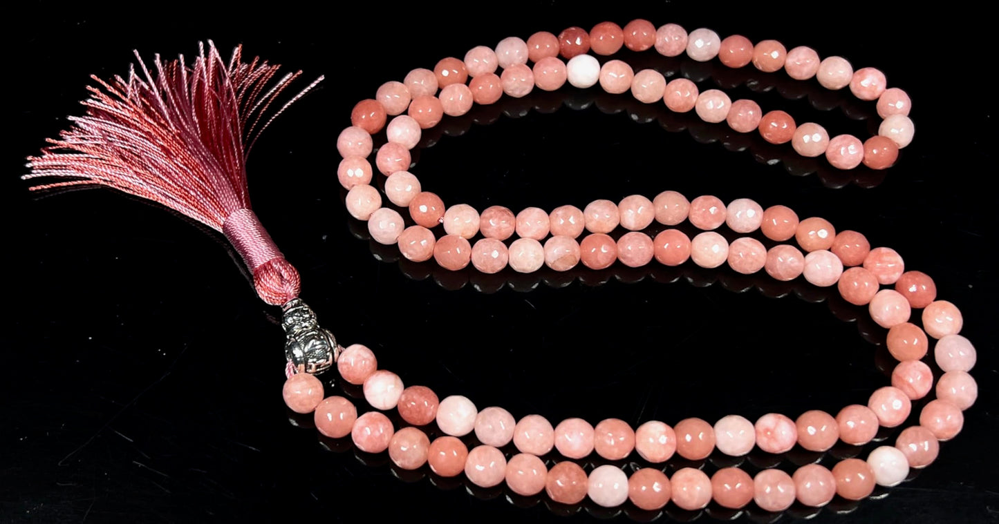 Faceted Peach Jade Mala Beads Necklace – 8mm, 108 Beads – Birthstone & Chakra Energy Beads for Spiritual Practices & Meditation