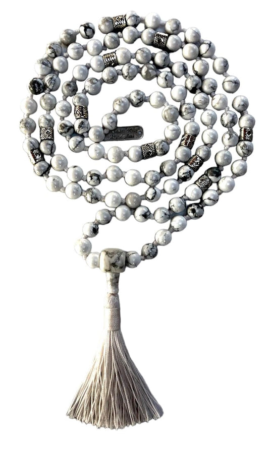 White Howlite Mala Necklace | Hand Knotted 8mm 108 Beads | MOUNA Collection