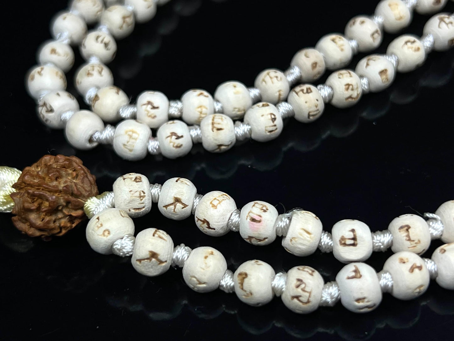 Tulsi Mala Beads Necklace w/ 5 Mukhi Rudraksha – 8mm Beads with "Ram" Inscription – Root Chakra & Aries Birthstone – Meditation Jewelry