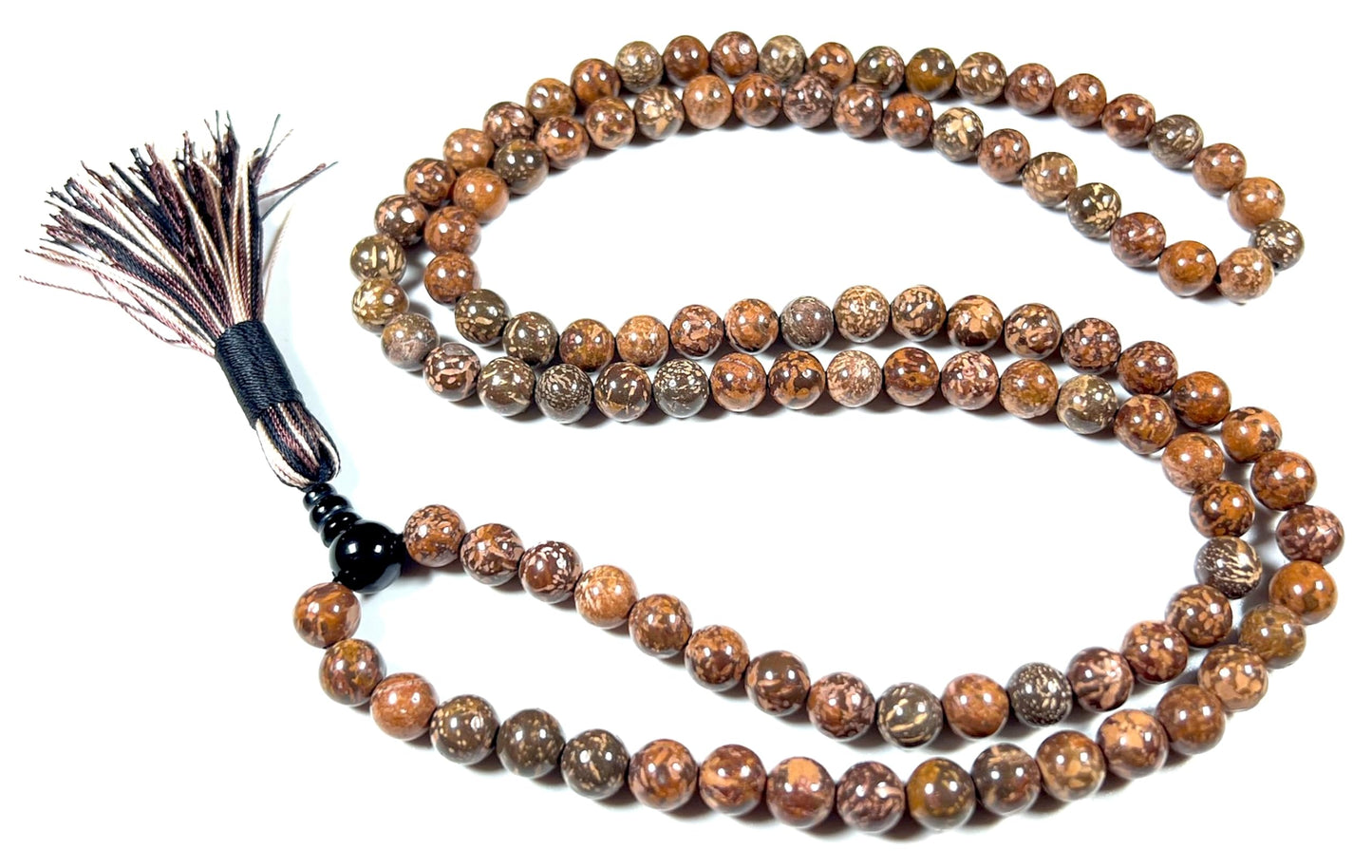 Handmade Natural Coquina Jasper Mala Beads Necklace – 8mm, 108 Beads – Root & Sacral Chakra, Aries & Scorpio Birthstone