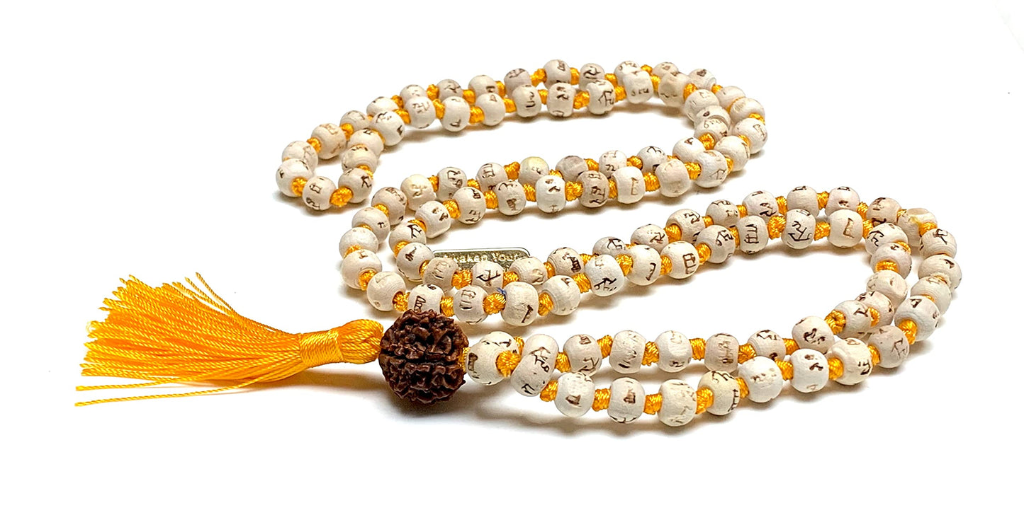 AWAKEN YOUR KUNDALINI Spiritual Harmony Tulsi Mala Necklace with 5 Mukhi Rudraksha - Cancerian Birthstone - Heart & Sacral Chakra Balance
