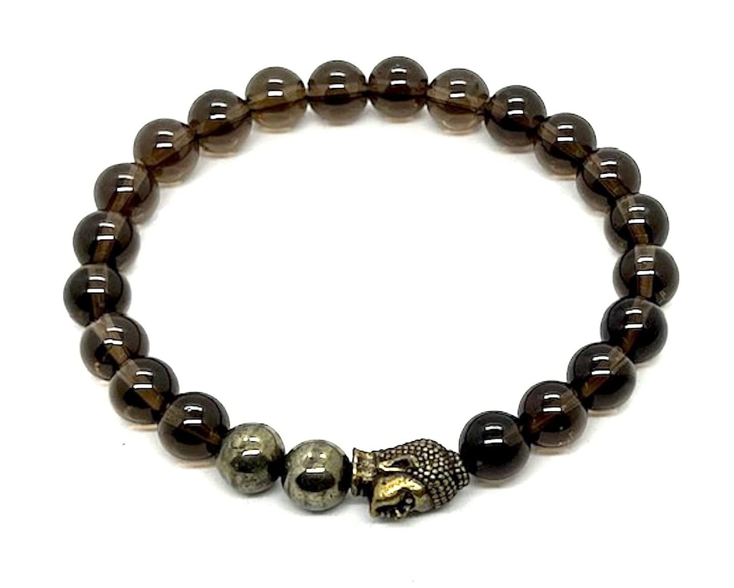 Cultivate Grounding & Transformation: Capricorn Birthstone - Smoky Quartz & Pyrite Root & Solar Plexus Chakra Mala Bracelet (8mm Beads) - Unisex - Buddha Head Spacer