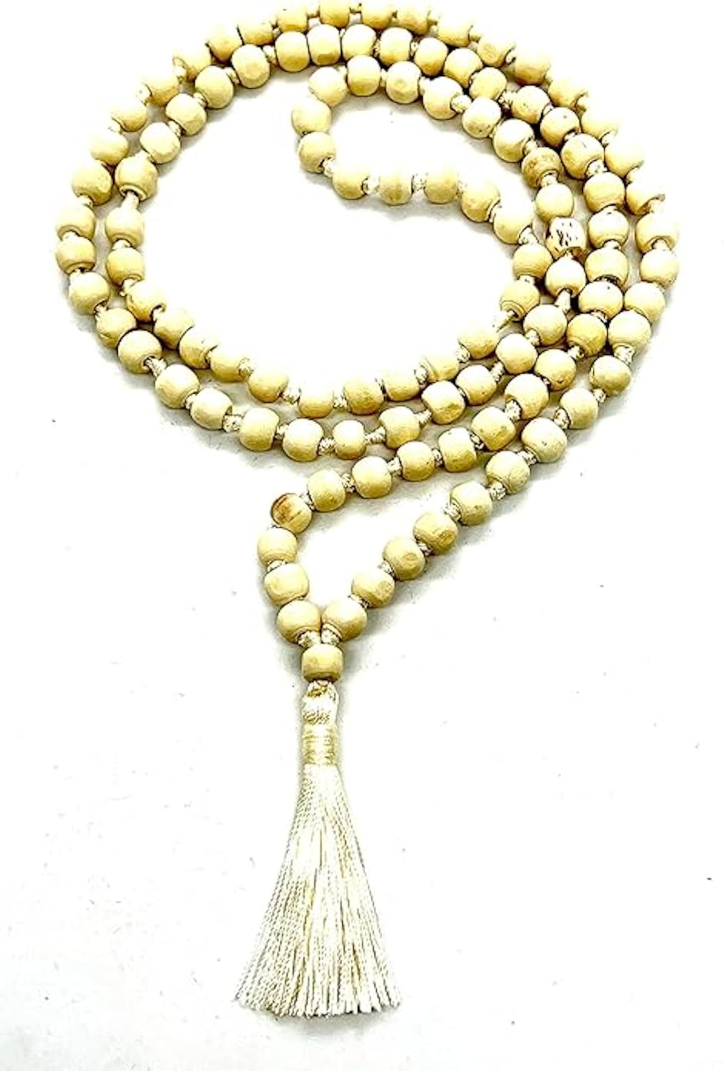 Tulsi Mala Beaded Necklace - Hand Knotted Tulasi Beads - 7 Chakra Mala (White String)