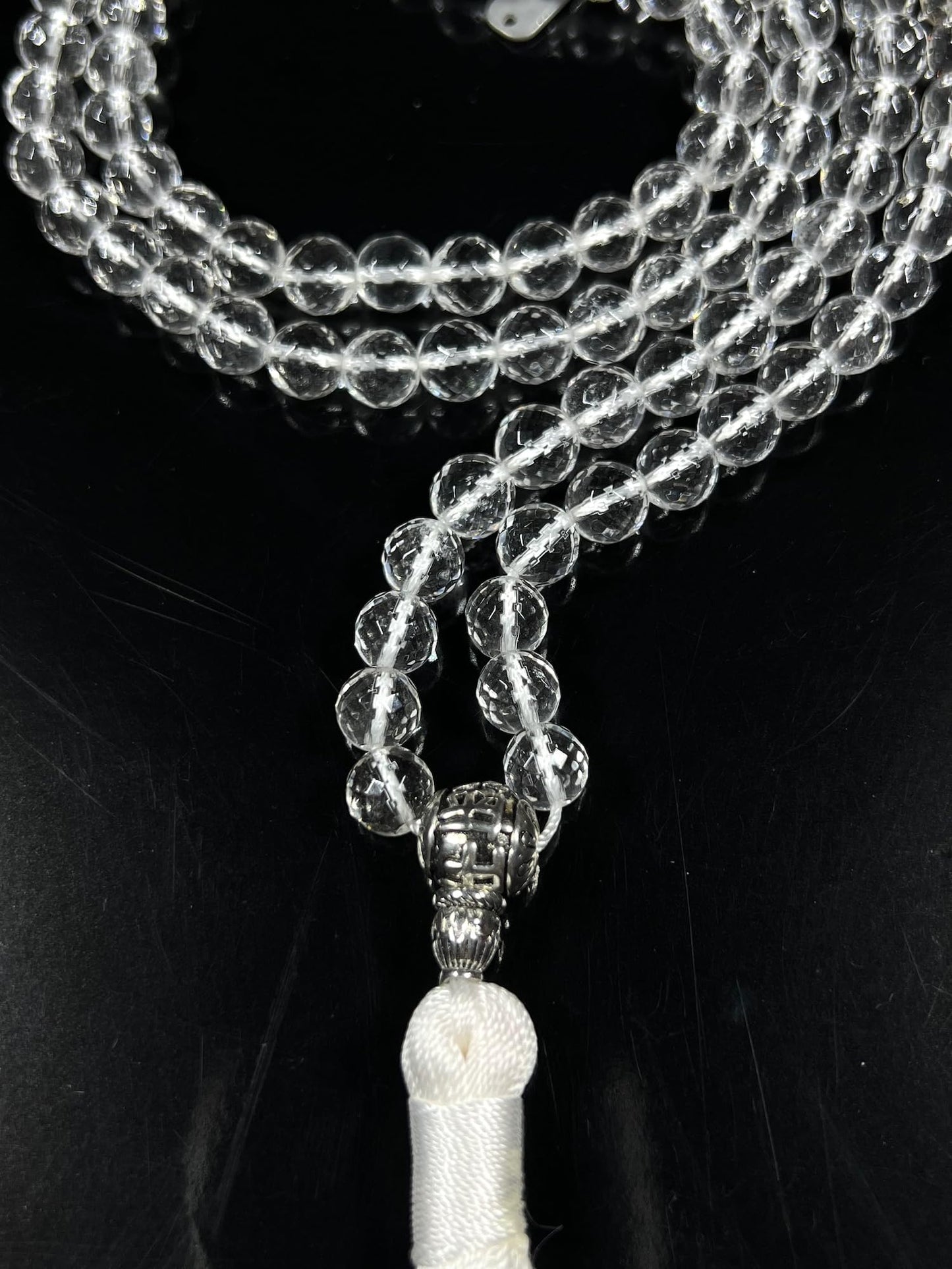 Awaken Your Kundalini Crystals Mala Beads Necklace Reiki Healing Stones Blessed & Energized Handmade 108 Buddhist Prayer Beads - Comes w/Velvet Pouch (Crystal Quartz Diamond cut, 8 mm)