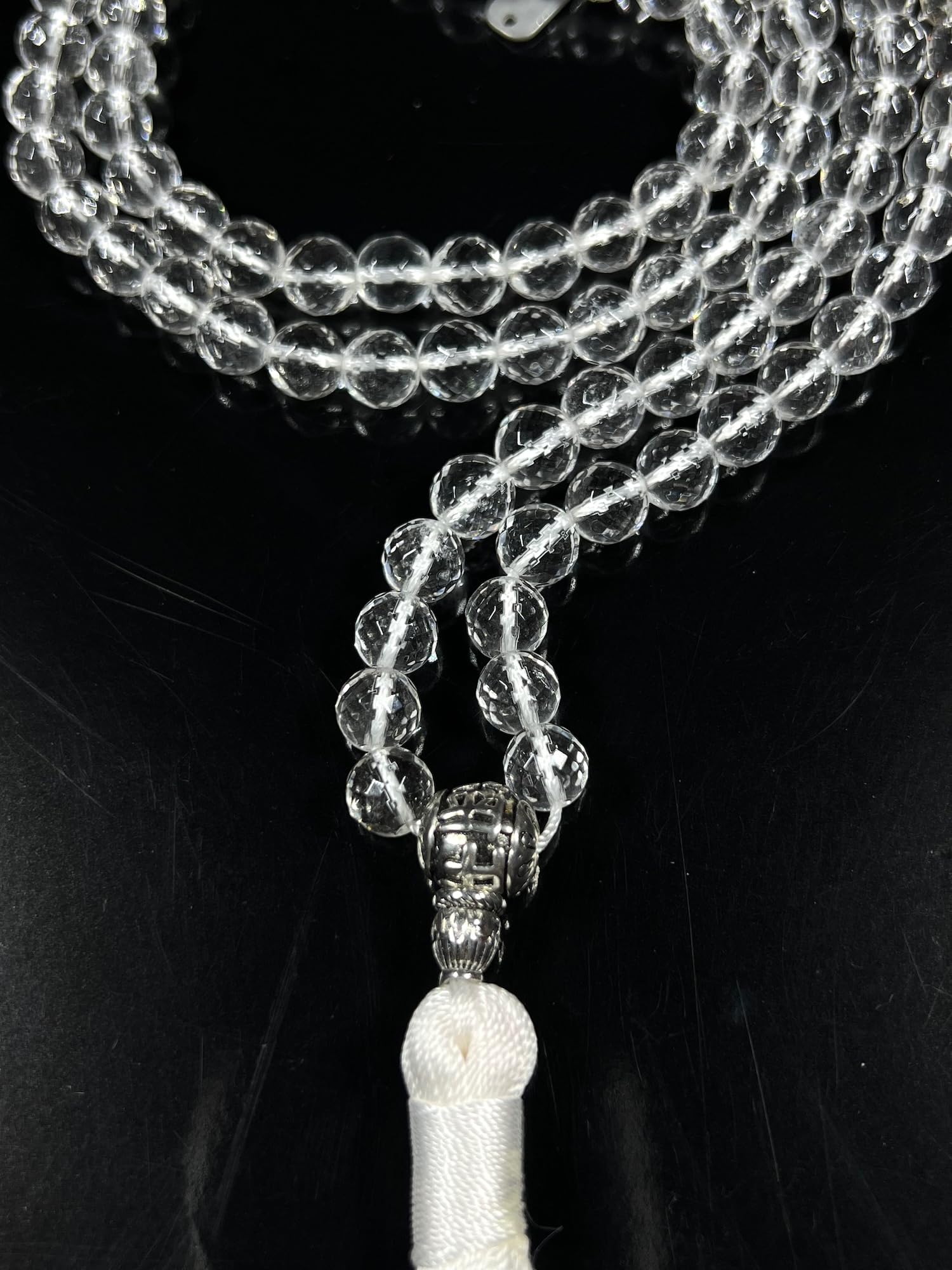 Crystal Quartz Mala Beads Close-up 8mm Hand-Knotted Natural Stone SAHASRARA Collection Crown Chakra Healing Clarity Meditation Master Healer Handmade USA AYK