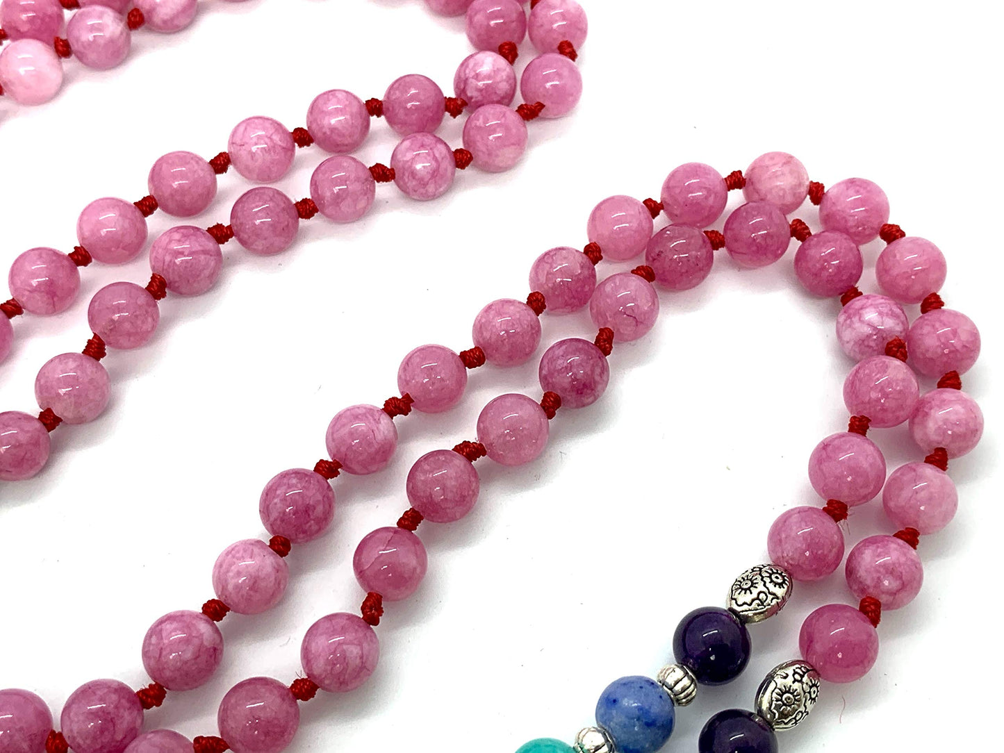 Awaken Your Kundalini Energized 7 Chakra mala Hand Knotted 108 mala beads necklaces - Japa mala - Buddhist prayer beads - Meditation beads - Healing crystals for men women (Pink Jade chakra mala)