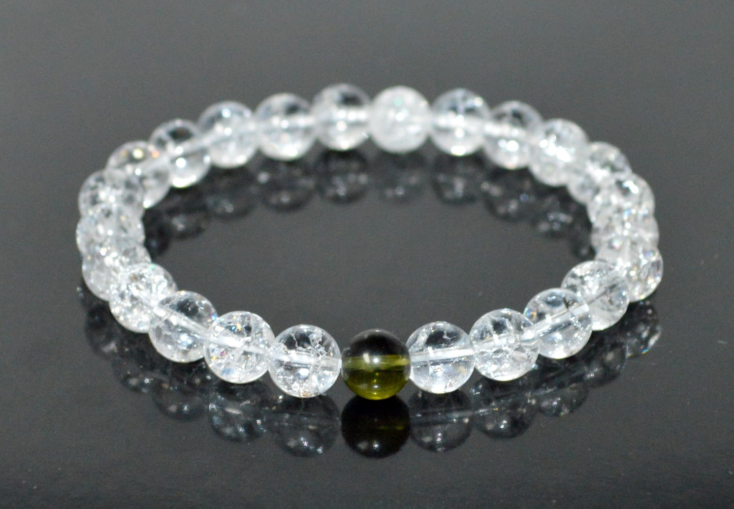 Himalayan Ice Crackled Crystal Quartz and Moldavite Stretch Bracelet – Taurus Birthstone – Universal Sun Sign – Heart Chakra, Spiritual Energy Bracelet