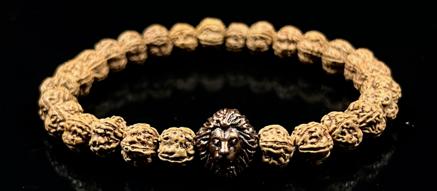 Unleash Inner Strength & Grounding: Handmade 5 Mukhi Rudraksha & Bronze Polished Lion Head Bracelet (8mm) - Root Chakra & Universal Birthstone