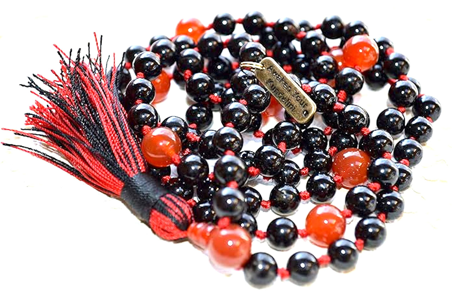 AWAKEN YOUR KUNDALINI Hand Knotted Black Tourmaline & Carnelian Mala Beads Necklace - Birthstone for Leo, Root and Sacral Chakra