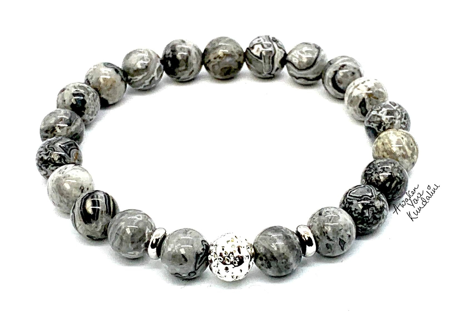 Scenic Jasper and Lava Stretch Bracelet with Choice of Black or Silver Finish Lava Bead – Leo Birthstone and Root Chakra